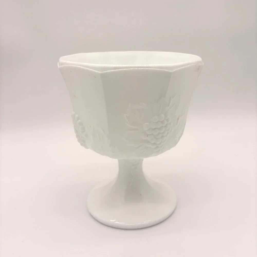 Vintage White Milk Glass Grape Harvest Pedestal Compote Bowl Cottagecore Decor